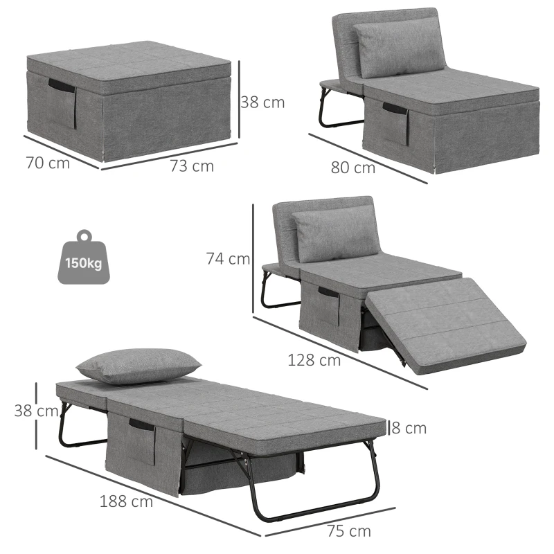 HOMCOM Pouf Letto Pieghevole Multiuso 4 in 1 con Schienale Reclinabile a 5 Livelli, Grigio