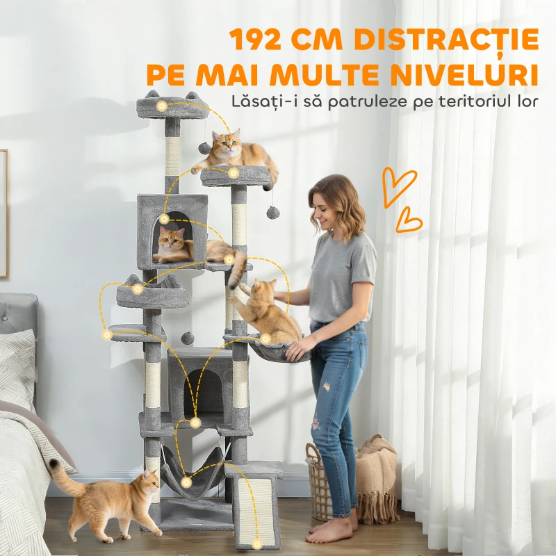 PawHut Copac de zgâriat pentru pisici cu scară, 2 hamace, 3 platforme, 2 căsuțe și 3 locuri de odihnă, 48x48x192 cm, Gri și Crem
