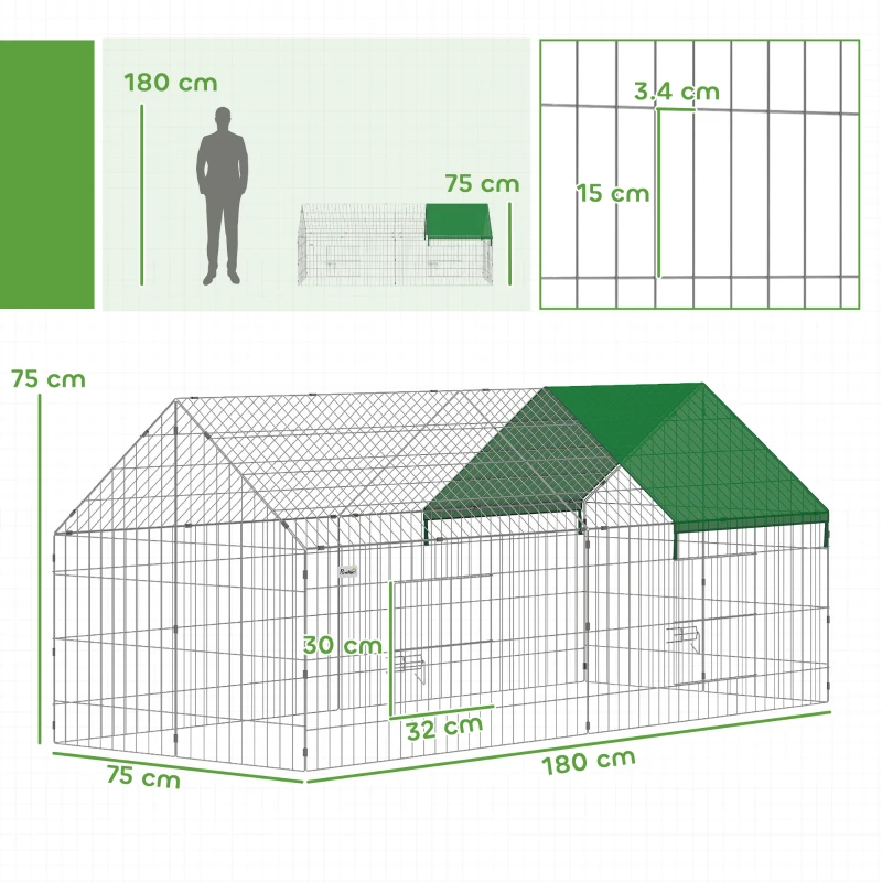 PawHut Gabbia per Conigli e Galline da Esterno e Interno con Protezione Parasole e Griglia Metallica, per Animali Piccoli, Anatre, Galline, 180x75x75 cm, Verde