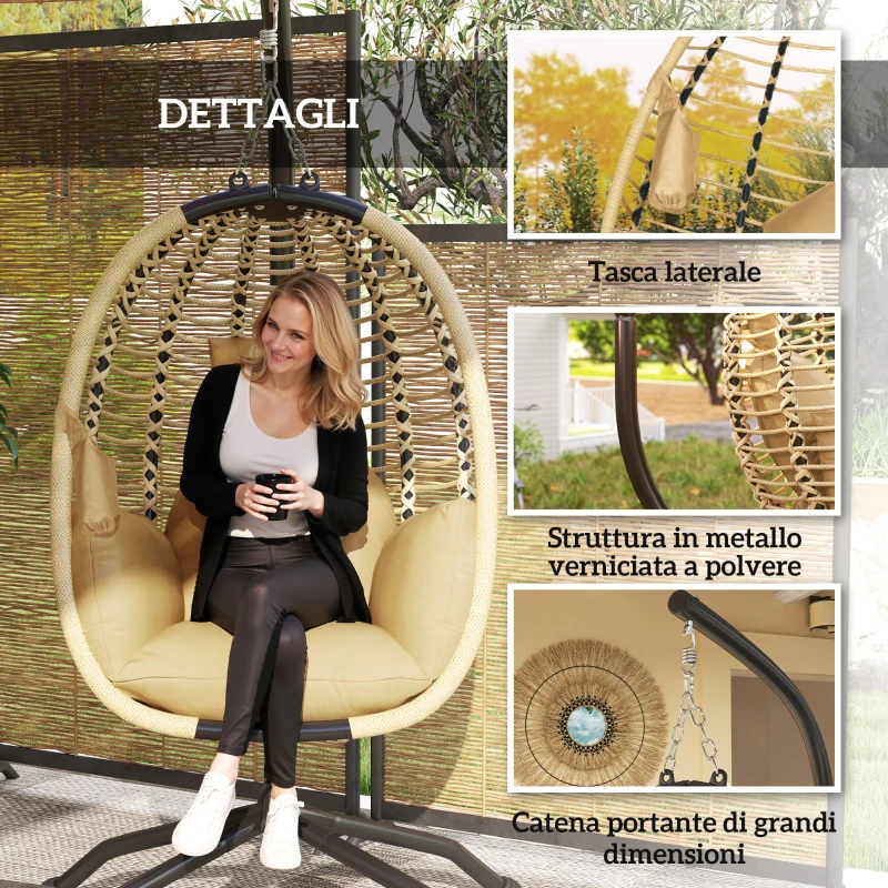 Outsunny Poltrona Sospesa con Cuscino Imbottito, Seduta Pieghevole e Struttura in Acciaio e Corda, Beige