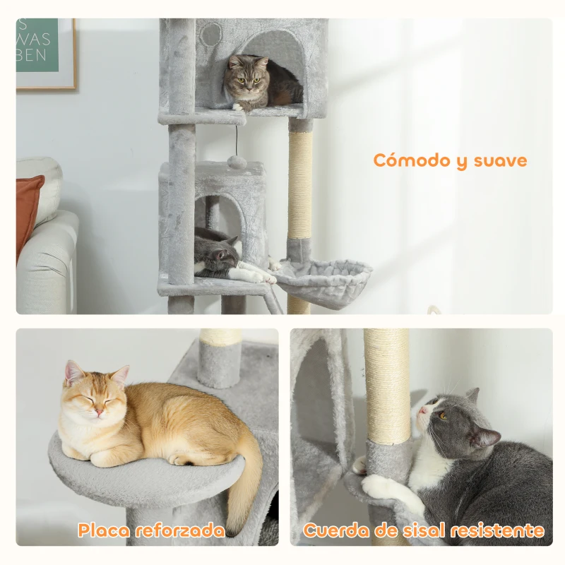 PawHut Árbol Rascador para Gatos 180 cm con Plataformas Cama 2 Cuevas Hamaca Escalera Postes de Sisal Gris Claro
