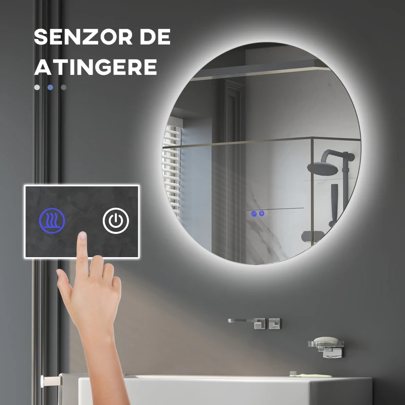 kleankin Oglindă de Baie cu Lumini LED Reglabile, Comutatoare Touch și Design Anti-aburire, Ø60 cm