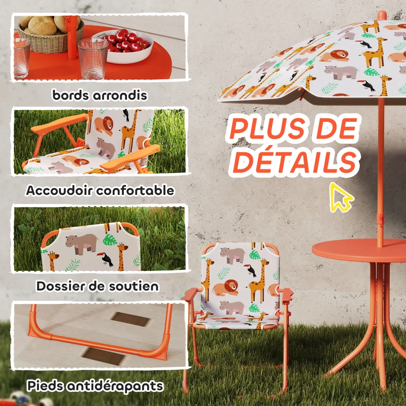 AIYAPLAY Salon de jardin enfant, table enfant avec 2 chaises pliantes et parasol Ø 100 cm, motif animal, orange