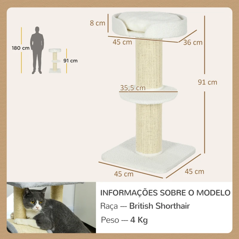 PawHut Arranhador para Gatos Altura 91 cm de 3 Níveis com Ninho Plataforma e Poste de Sisal 45x45x91 cm Creme