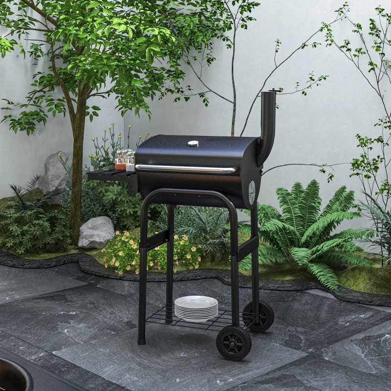 Outsunny Barbecue au charbon de bois chariot de BBQ, avec étagères, roulettes, couvercle, thermomètre, cheminée, en métal noir