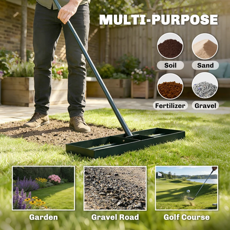 Outsunny Lawn Levelling Rake, 76 x 26 cm Lawn Leveller Lute with 169 cm Handle for Grass Soil Sand Yard Golf Course
