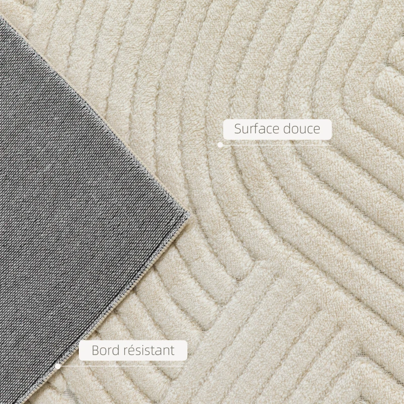 HOMCOM Tapis salon 200 x 140 cm, tapis à poils épais géométrique, moelleux et antidérapant, crème
