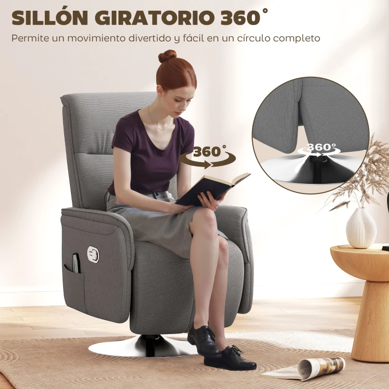 HOMCOM Sillón de Masaje Eléctrico con Reposapiés Sillón Relax Giratorio y Reclinable con Mando 68,5x77x117 cm Gris