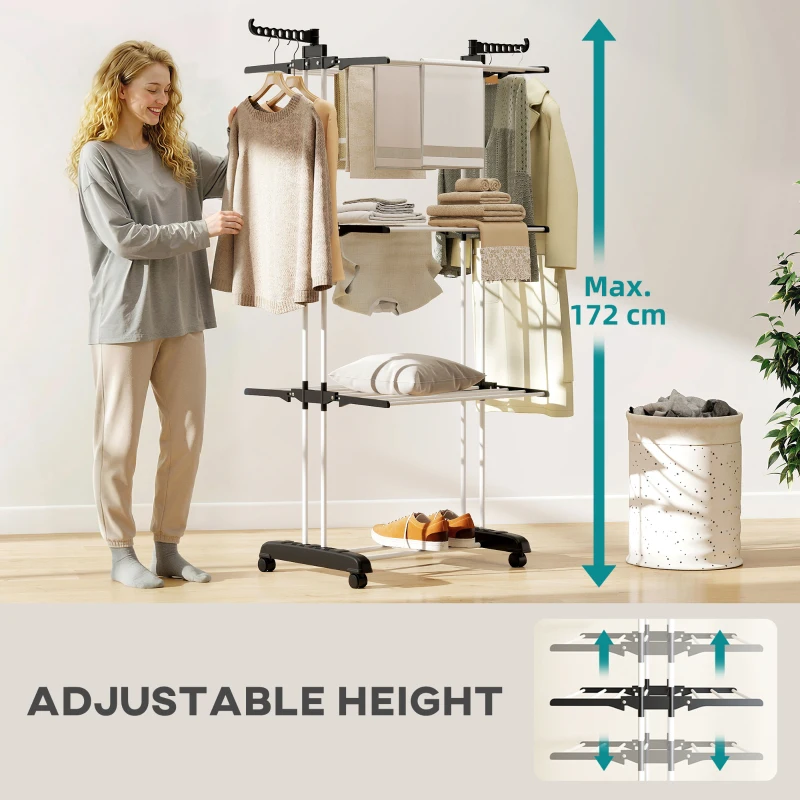 HOMCOM Foldable Clothes Drying Rack, 4-Tier Steel Garment Laundry Rack with Castors for Indoor and Outdoor Use, Black