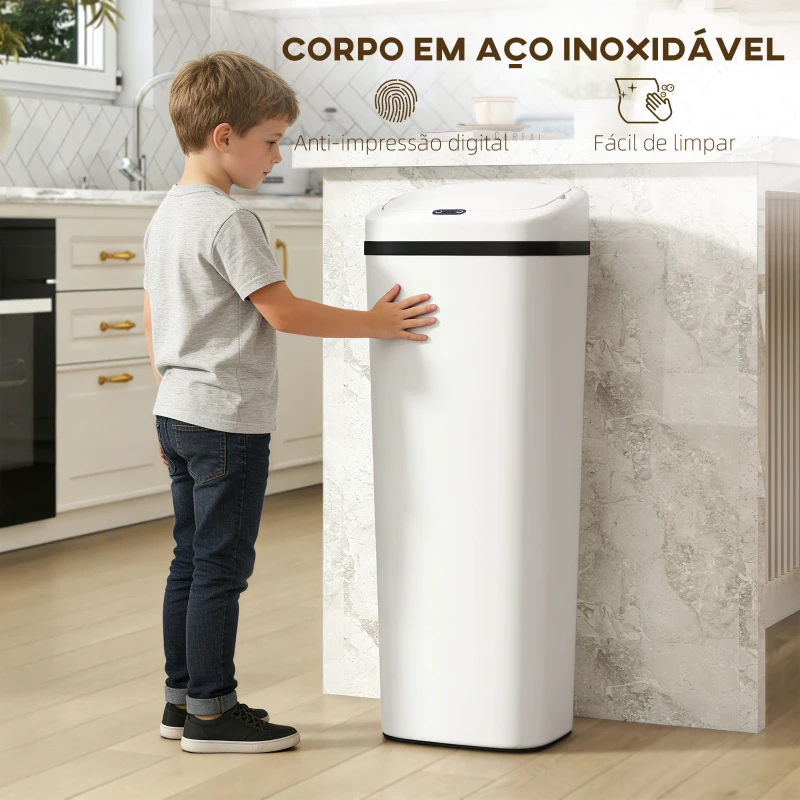 HOMCOM Balde de Lixo Automático 50L Estreito em Aço Inoxidável com Sensor Infravermelhos Modo Manual 33x25x84 cm Branco