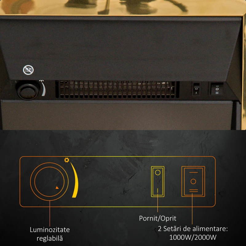 HOMCOM Șemineu Electric Încorporabil sau de Podea 2000W din Plastic și Metal, Auriu, 48x19x59cm