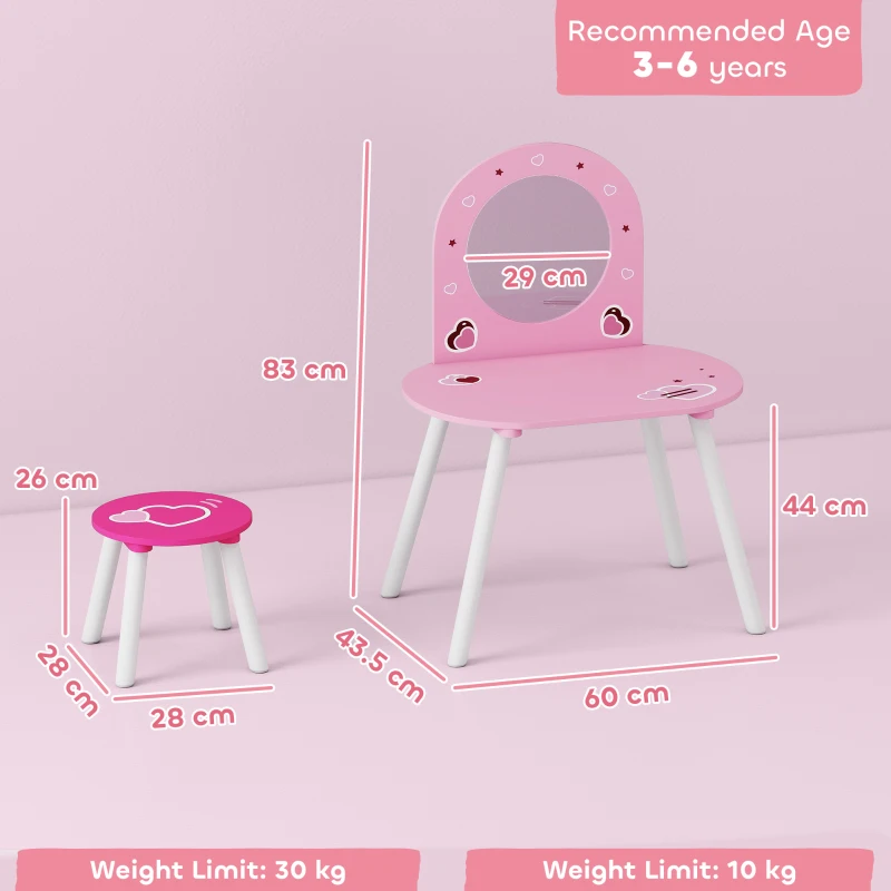 AIYAPLAY Kids Dressing Table with Mirror and Stool, Girls Vanity Set for Kids Room, Bedroom, Nursery, for Ages 3–6 Years, Pink