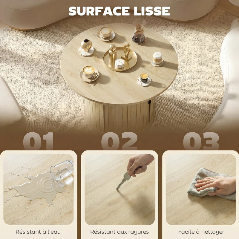 HOMCOM Table basse ronde, table de salon avec rangement, porte coulissante à lattes, 2 étagères, effet bois naturel