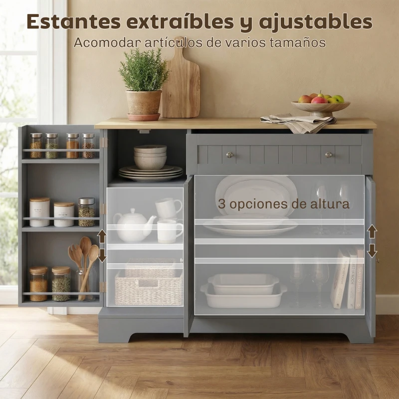 HOMCOM Aparador de Cocina Armario de Cocina con 3 Estantes de Puerta Cajón Estantes Ajustables para Comedor 105x40x83 cm Gris