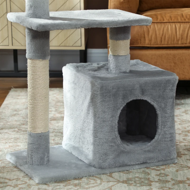 PawHut Arbre à chat tour de jeux pour chats poteaux en sisal, 2 plate-forme, niche, balle, tissu peluche, 50x30x81,5cm, gris