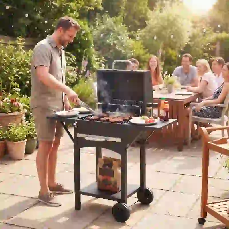 Outsunny Grill węglowy z pokrywą, BBQ Smoker z 2 bocznymi stolikami, dużą powierzchnią grillową, rusztem, termometrem i kółkami