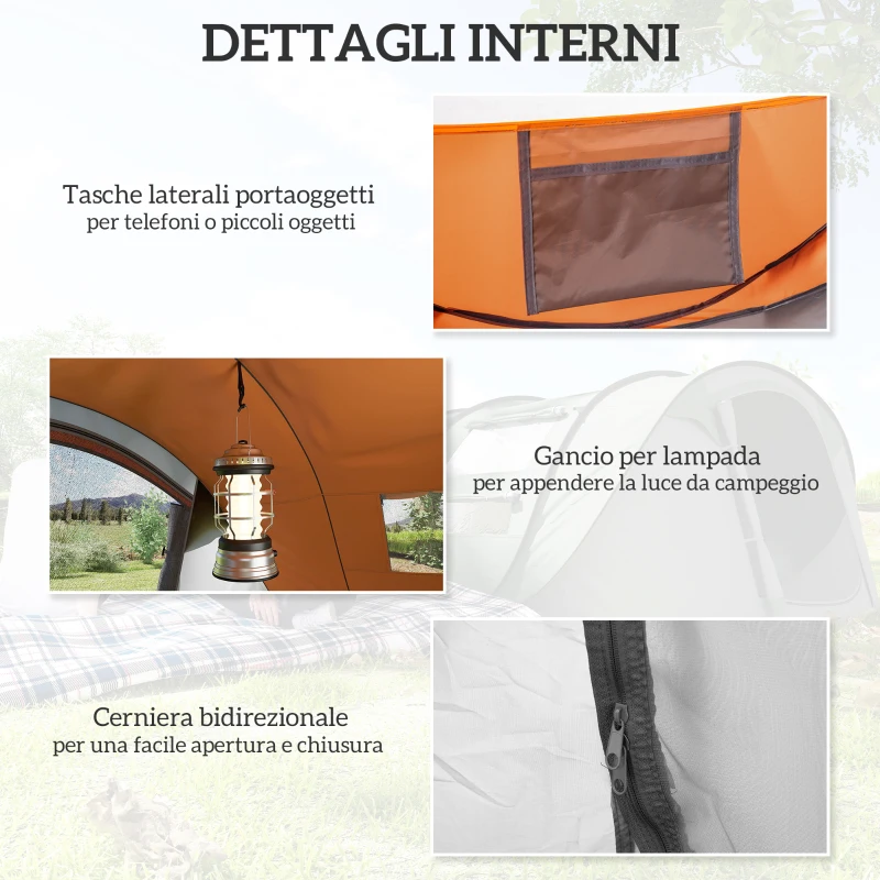 Outsunny Tenda da Campeggio Pop Up 2 Posti con 2 Porte, 4 Finestre e Telo Impermeabile, 263.5x220x123 cm, Arancione