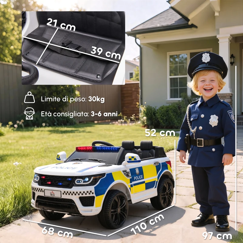 HOMCOM Macchina Elettrica per Bambini della Polizia, 12V Auto Elettrica per Bambini con Telecomando, Sirena Luci Attacco USB per Musica, 110x68x52 cm, Bianco