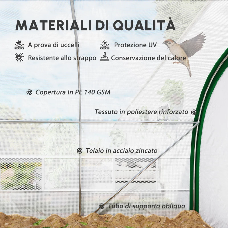 Outsunny Serra da Giardino a Tunnel 18 m² con 8 finestre, Porta con Zip Arrotolabile, Acciaio zincato, Telo PE, 6L x 3l x 2H m, Bianco