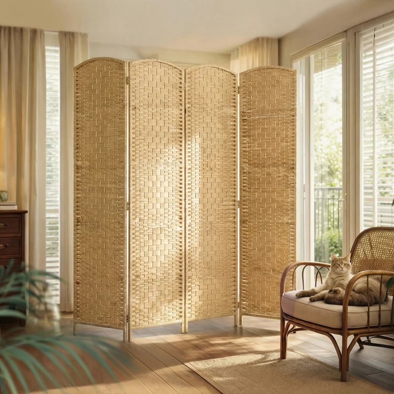 HOMCOM Separador de Ambientes de 4 Paneles Biombo Plegable 180x180 cm Pantalla de Privacidad de Polipropileno Natural