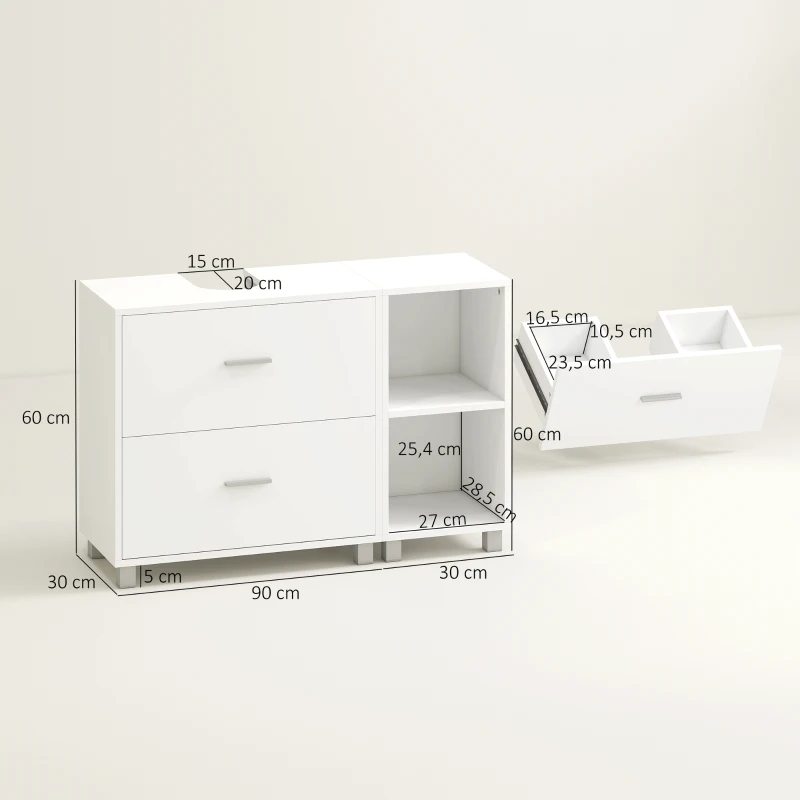 HOMCOM Meuble sous-lavabo Meuble de salle de bains avec 2 tiroirs et 2 étagères ouvertes pour lavabo sur colonne 90x30x60 cm blanc