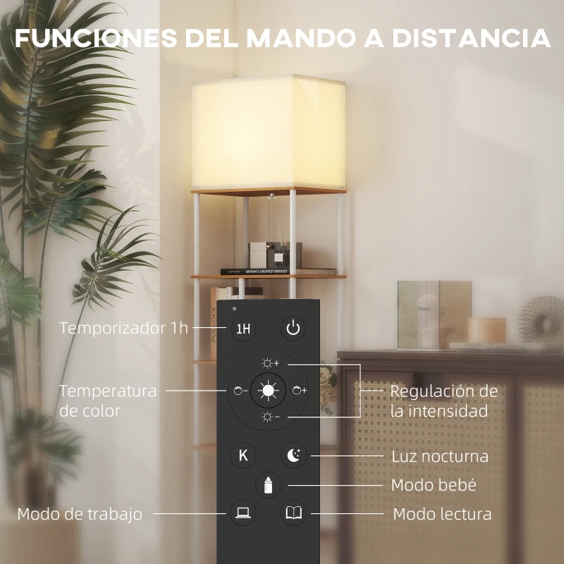 HOMCOM Lámpara de Pie con Estantes Temperaturas de Color Ajustable 3000K-6500K Control Remoto Bombilla E27 Natural