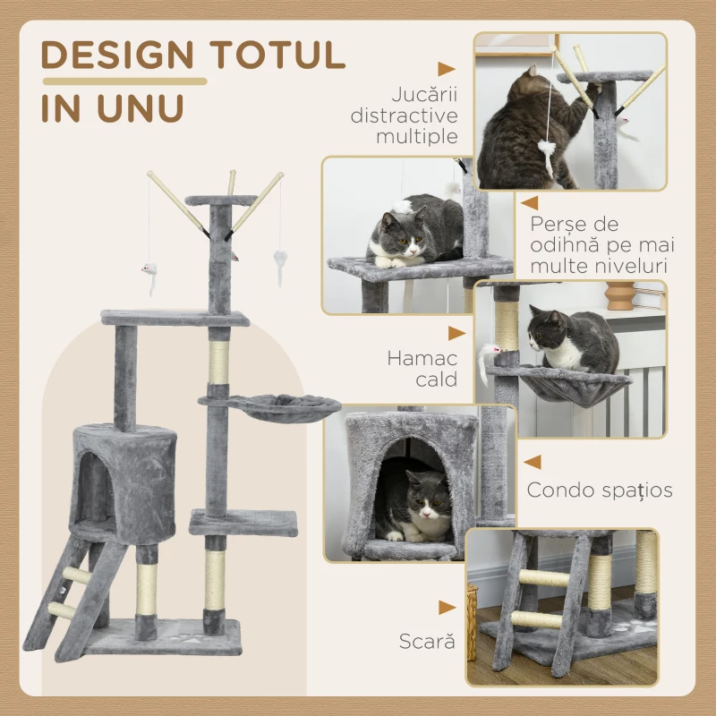 PawHut Turn pentru Pisici cu Căsuță, Platforme și 4 Șoricei, din Lemn, Plus și Sisal, 50x35x134,2 cm, Gri