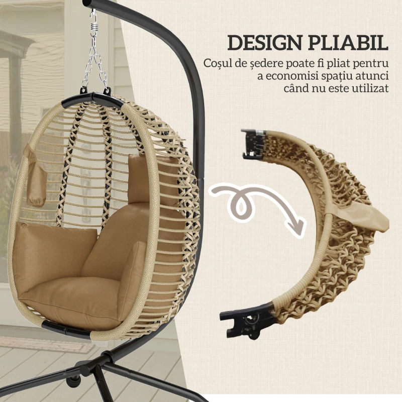 Outsunny Leagăn pentru Exterior cu Pernă Capitonată, Scaun Suspendat pentru Terasă cu Suport Metalic, Cos Pliabil, 110x100x188 cm, Gri