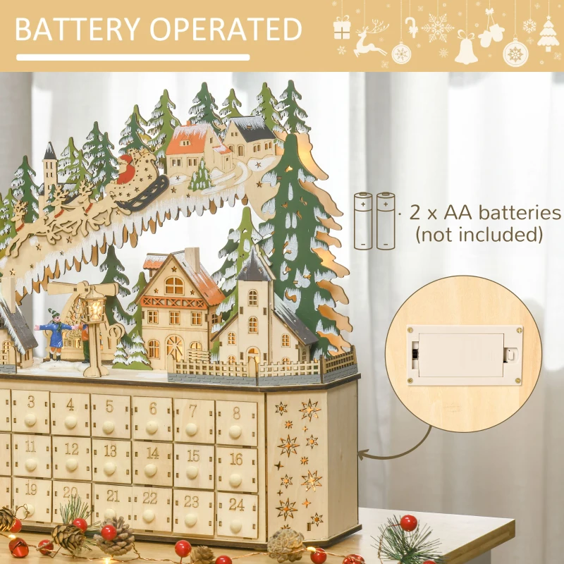 HOMCOM Adventskalender Weichnachtsdekoration Weihnachtsdeko, 24 Schubladen, LED-Lichter, 39 cm x 9 cm x 42 cm, Weiß + Grün