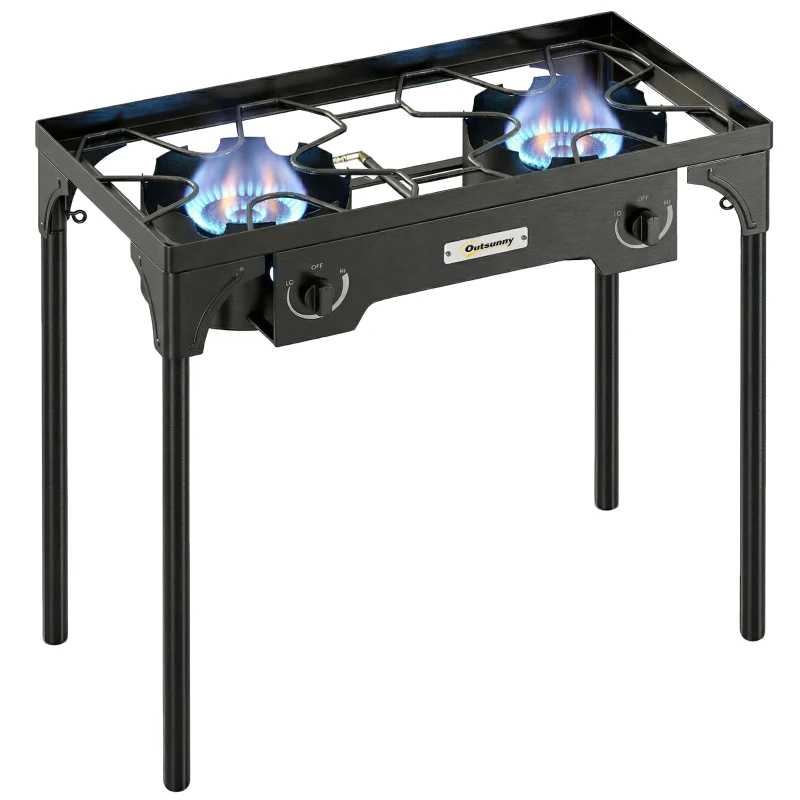 Outsunny Double Burner Camping Stove, 150,000 BTU High Pressure Camping Gas Stove with Detachable Legs, Black