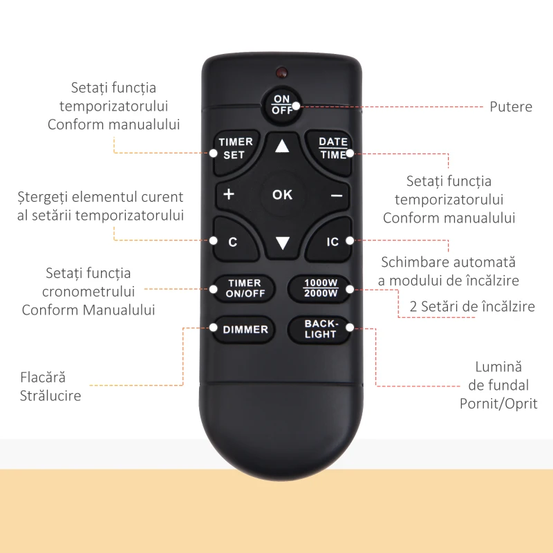 HOMCOM Șemineu Electric de Perete cu Lumină LED în 7 Culori, Putere 1000/2000W și Temperatură 15-30°C, Negru