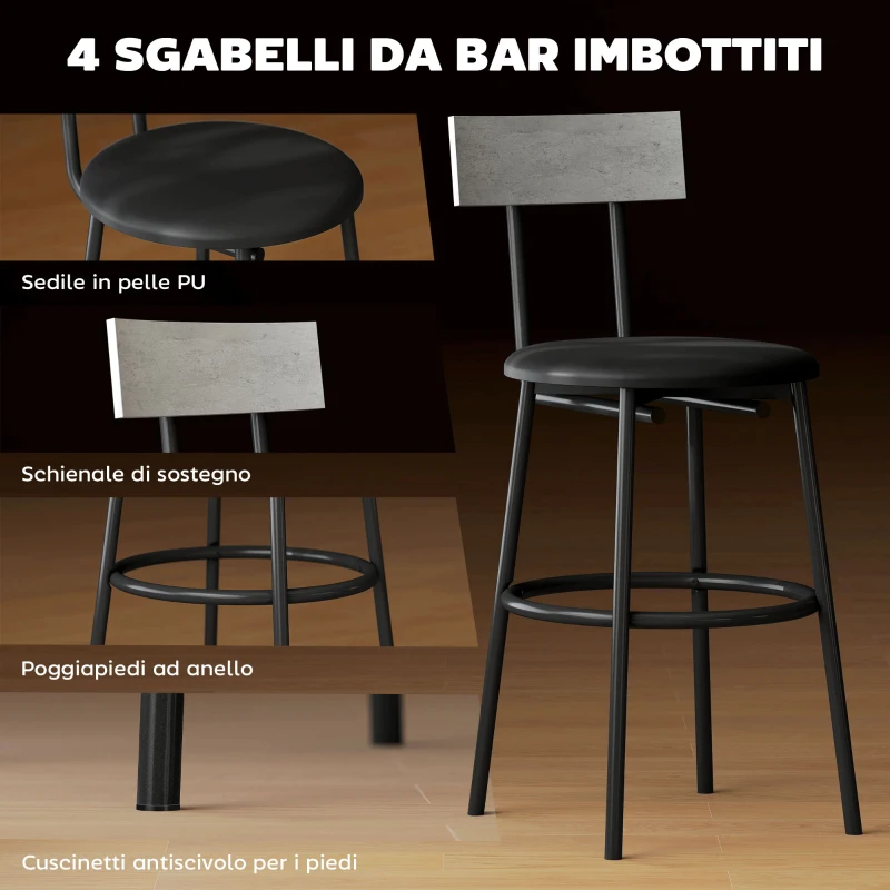HOMCOM Set Tavolo Alto e 4 Sgabelli da Bar con Schienale e Poggiapiedi in Stile Industriale, Grigio Cemento