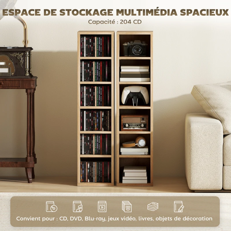 HOMCOM Lot de 2 étagères colonnes armoire de rangement CD-DVD 12 compartiments 21 x 22,5 x 88,5 cm capacité 204 CD chêne