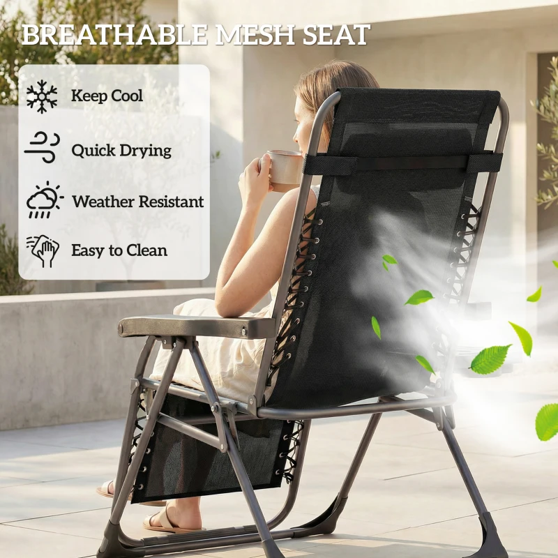 Outsunny Zero Gravity Chairs Set of 2, Folding Sunloungers Reclining Garden Chairs with Cup Holder, Headrest, Black