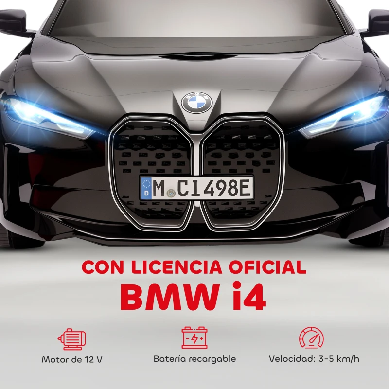 HOMCOM Coche Eléctrico para Niños 37-72 Meses Autorización BMW I4 con Control Remoto y Cinturón de Seguridad 115x67x45cm Negro