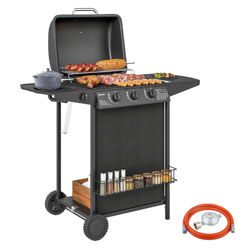 Outsunny Barbecue gaz 3+1 brûleurs en acier, puissance 9,5 kW, barbecue de jardin table latérale, 108 x 54 x 97 cm, noir
