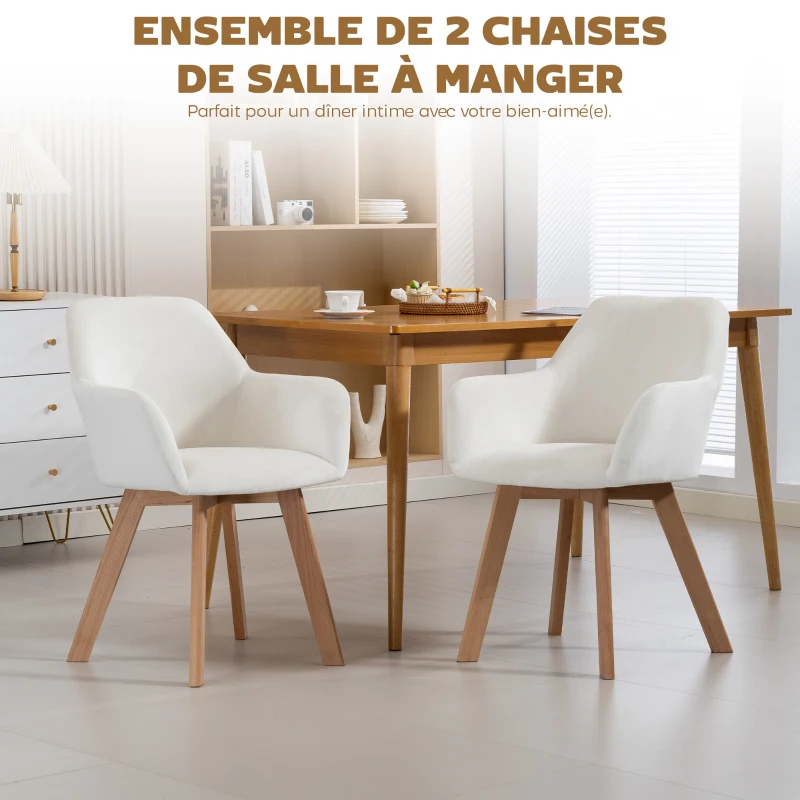 HOMCOM Lot de 2 chaises de salle à manger Fauteuil Assise rembourrée en tissu effet velours Pieds en bois, crème