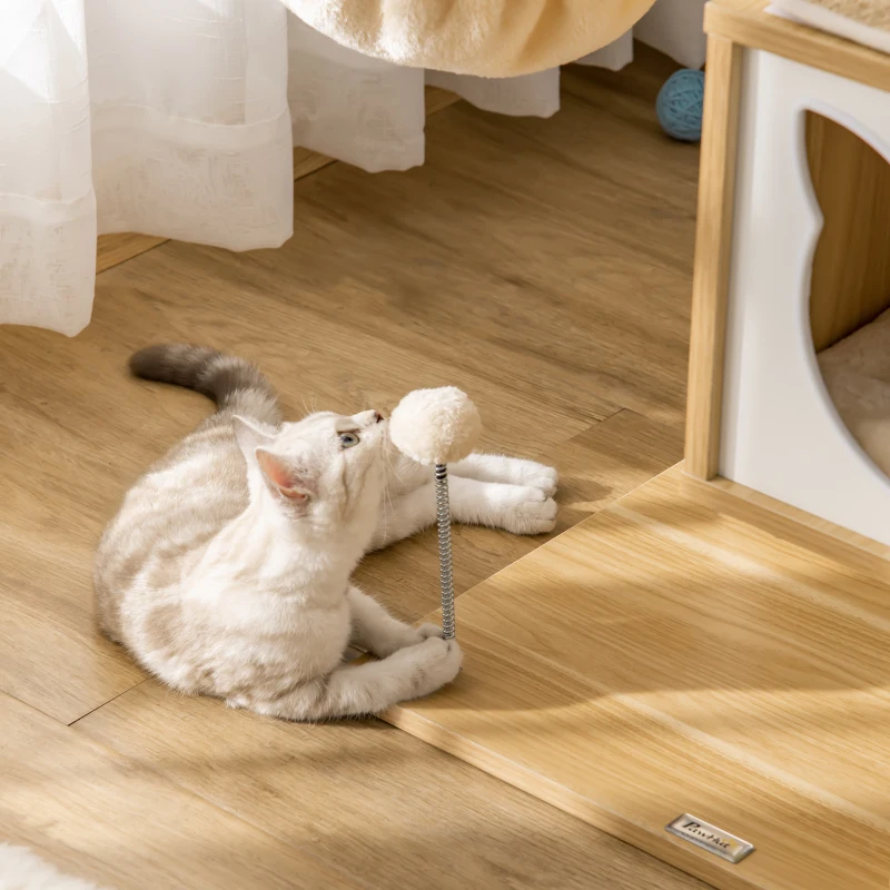 PawHut Tiragraffi per Gatti con 2 Pali, Casetta, Amaca, Lettino e 2 Palline, in Legno, Pile e Sisal, 48x40x126 cm