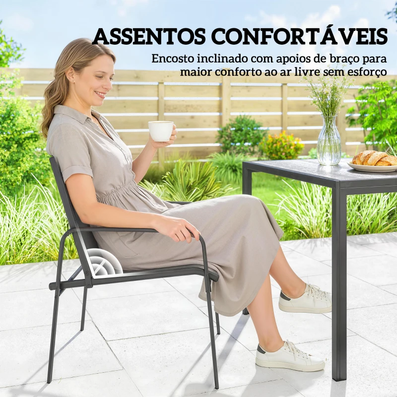 Outsunny Conjunto de Mesa e Cadeiras de Jardim de 7 Peças com Mesa com Efeito Madeira e 6 Cadeiras com Assento Respirável Preto