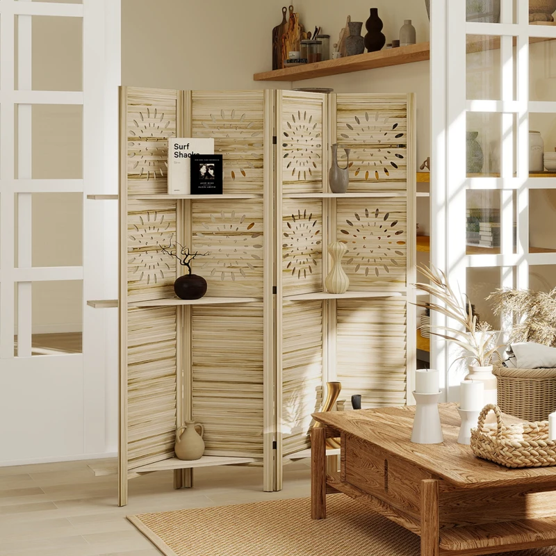 HOMCOM Paravent intérieur 4 panneaux et 3 étagères, 160 x 170 cm, séparateur de pièce pliable, bois de paulownia, bois naturel