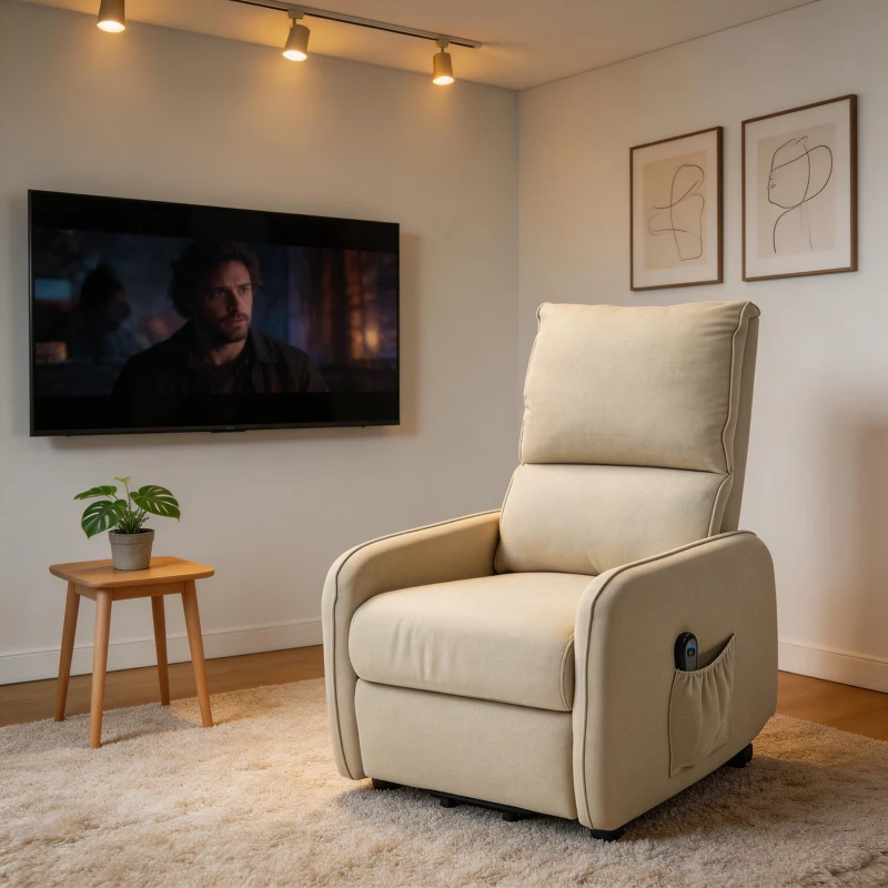 HOMCOM Poltrona Alzapersona Small Elettrica Reclinabile con Telecomando e Tasca Tessuto, 150kg, Beige