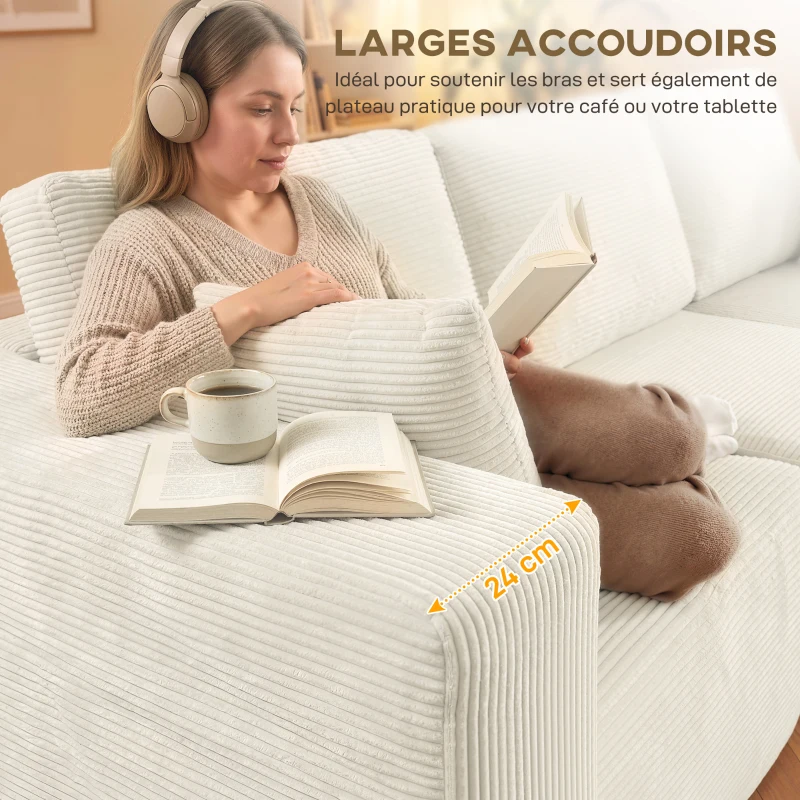 HOMCOM Canapé d'angle modulable 2 en 1, 267cm, canapé-lit 3 places en velours côtelé, larges assise et accoudoirs, crème