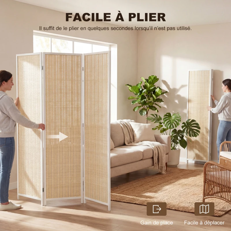 HOMCOM Paravent en bois séparateur de pièce closion de séparation pliable 3 panneaux 135 x 180 cm blanc