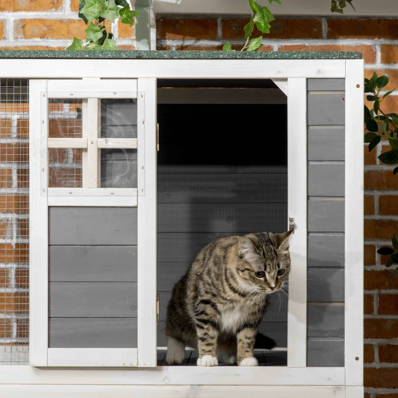 PawHut Wooden Catio Cat Outdoor Enclosure, Cat Cage with Waterproof Roof, Platforms, for Multiple Cats, White
