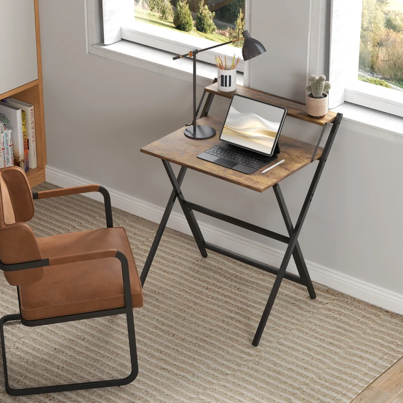 HOMCOM Bureau pliable 65,5 x 45 cm avec étagère de rangement pour chambre, petits espaces, brun rustique