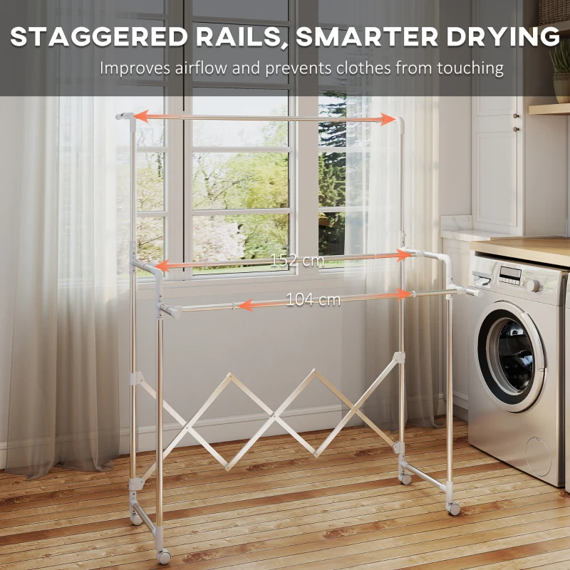 HOMCOM Uscător de Rufe Pliabil cu 3 Bare Reglabile, Roți Rotative și Cadru din Oțel Inoxidabil, Argintiu