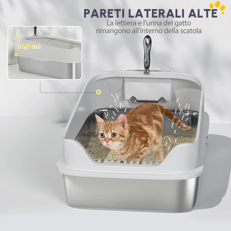 PawHut Lettiera in acciaio inox WC aperto con paletta bordo alto per gatti grandi fino a 7 kg, 60,2 x 40,2 x 29,7 cm, Grigio