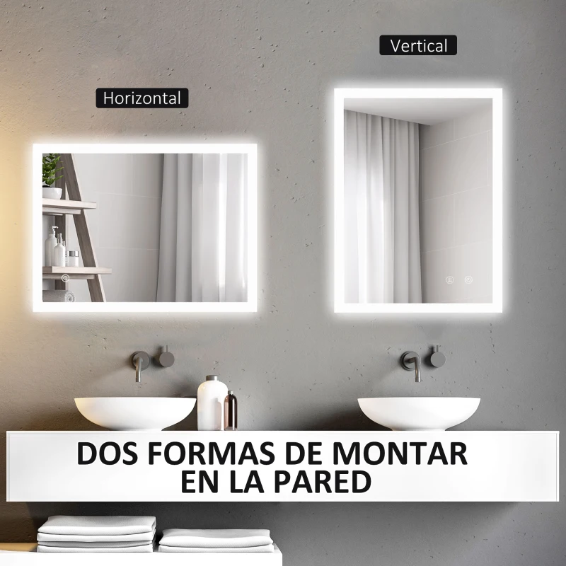 kleankin Espejo de Baño con Luces LED Regulable en 3 Colores 80x60 cm Función Antivaho Función de Memoria Interruptor Táctil