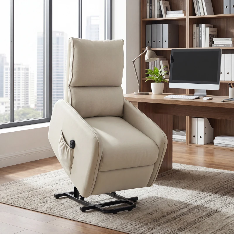 HOMCOM Poltrona Alzapersona Small Elettrica Reclinabile con Telecomando e Tasca Tessuto, 150kg, Beige