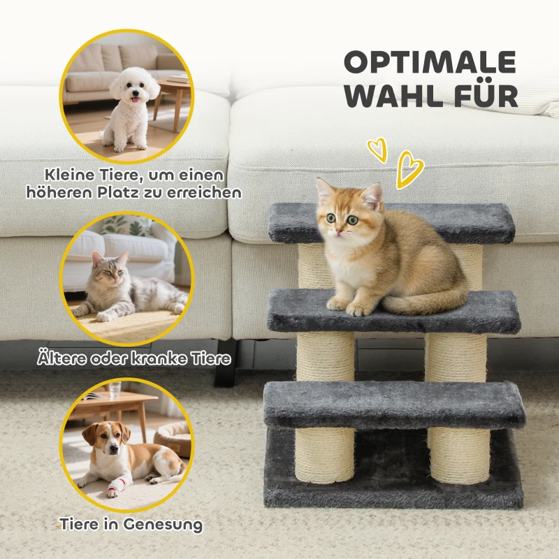 PawHut Hundetreppe 3 Stufen 34 cm Hoch Haustiertreppe für Hunde Katze Katzentreppe mit Kratzstamm Hunderampe Einstiegshilfe für Bett, Sofa, Couch Dunkelgrau
